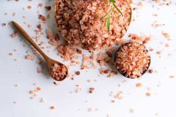 Himalayan pink salt is herb seasoning from himalaya and isolated on white background with copy space