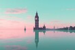 A pastel minimalistic illustration of Big Ben with reflections on the Thames River. Generative AI