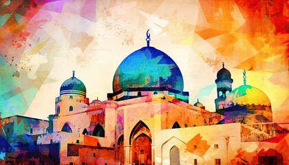 Wall Mural - water color painting Arabic Islamic Typography design Mawlid al-Nabawai al-Sharif greeting card with dome and minaret of the Prophet's Mosque. Generative Ai