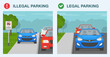 Outdoor parking rules. Illegal and legal parking. No vehicles on sidewalk traffic. Front view of a cars parked on sidewalk and roadside. Flat vector illustration template.