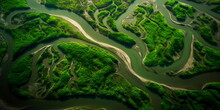 Aerial View Of A River Delta With Lush Green Vegetation And Winding Waterways  Generative AI