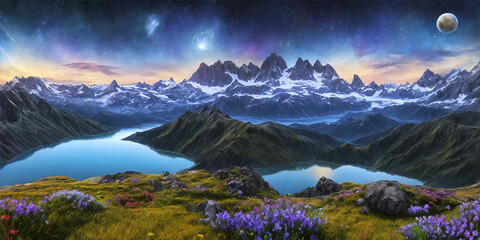 Wall Mural - Fantasy planet , night sky on background. AI Generative