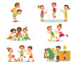 Kids active games. Paired and group children entertainment. Sports mobile or desktop calm. Boys or girls play hide and seek. Nursery activity. Jump rope and leapfrog. Splendid vector set