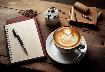 Blank notepad and coffee cup on office wooden table, AI Generated