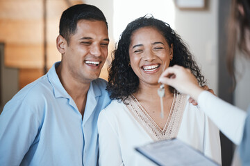 Keys. realtor and a home owner couple in their apartment after payment or investment in a property asset. Real estate, mortgage or loan with a man and woman receiving the key to their new house