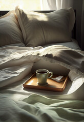Wall Mural - Wooden tray with coffee and interior decor on the bed with white linen. AI Generated