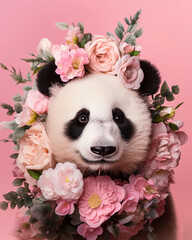 Wall Mural - Pastel pink animal concept, love animal covered with fresh spring flowers all over its body. Pink cute baby panda. Illustration. Generative AI.