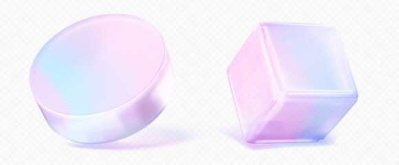 Poster - 3D set of realistic cube and cylinder figures isolated on transparent background. Vector illustration of abstract glossy geometric objects in pink and blue gradient color. Futuristic design elements