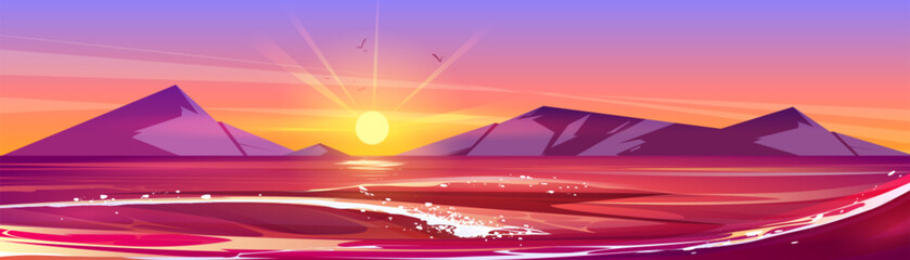 Wall Mural - Sea landscape with sun in sky on horizon at sunset. Summer scene of ocean or lake with water waves, mountains and orange sky at evening, vector cartoon illustration