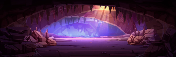 Wall Mural - Cartoon cave interior illuminated with sunlight from ceiling. Vector illustration of rocky landscape inside mountain for adventure game background. Fantasy dark scene with stones and cobweb. Old mine