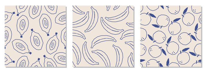 Set of minimalist monochrome line art style fruit seamless pattern
