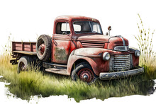 Old Red Farm Truck Standing In Field Of Grass, Isolated On White Background - Generative AI