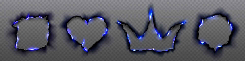 Poster - Blue burn hole frame with crown and heart shape. Circle and square flame set with black ash isolated on transparent background. Love fiery vector border template with realistic burning edge effect.