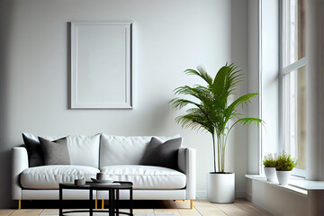 Wall Mural - Mock up frame poster in livingroom with fabric sofa, lamp and plant in bucket on wall background. AI Generated