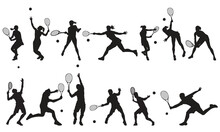 A Set Of  Men And Women Tennis Players Silhouette On White Background. Vector Illustration