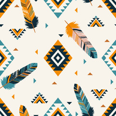 Wall Mural - Scandinavian feathers and navajo ornament seamless pattern. Ethnic boho texture. Light background. Vector illustration. Great for textile, print, paper, t-shirt design