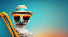 Funny Ostrich Wearing Sunglasses And Hat Sitting On A Chair, Generative Ai Illustration With Copy Space On Blue Background