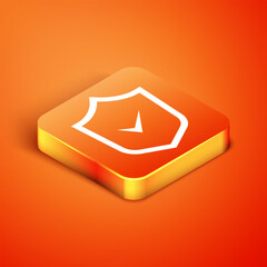 Poster - Isometric Shield with check mark icon isolated on orange background. Security, safety, protection, privacy concept. Tick mark approved. Vector