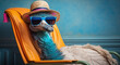 Funny ostrich wearing sunglasses and hat sitting on a chair, generative ai illustration with copy space on blue background
