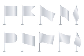 Wall Mural - Realistic table flags mega set elements in flat design. Bundle of white flags with different shapes of edges. Empty flagpoles for branding presentation. Vector illustration isolated graphic objects