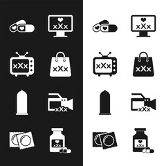 Wall Mural - Set Shopping bag with triple X, Sex tv old television, Pills for potency, Monitor 18 plus content, Condom safe sex, Video camera, Bottle pills and Condoms package icon. Vector