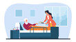 Female caregiver gives food to elderly man in bed, helps disabled man with daily chores. Nurses or volunteers help. Patient in clinic or hospice. Cartoon flat isolated vector concept