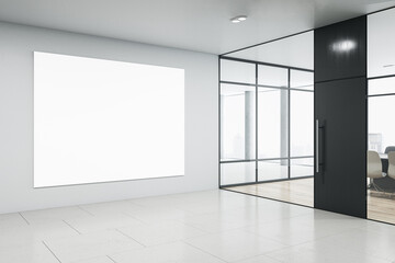 Aufkleber - Modern glass office interior with blank mock up banner on concrete wall, window and city view. 3D Rendering.