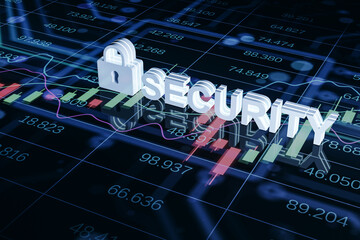 Poster - Creative security padlock on blue forex chart background. Financial growth and data protection concept. 3D Rendering.