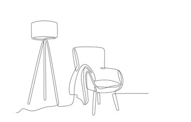 Wall Mural - Continuous line drawing of armchair, plaid, floor lamp. One line of cozy interior Living room with modern furniture. Single line Hand draw contour of indoor furniture. Doodle vector illustration