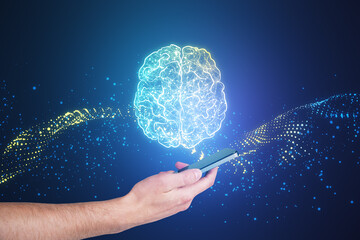 Aufkleber - Close up of male hands holding smartphone with creative glowing polygonal brain hologram on blurry background. Neurology research, artificial intelligence concept. Double exposure.