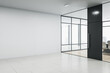 Modern glass office interior with blank mock up place on concrete wall, window and city view. 3D Rendering.