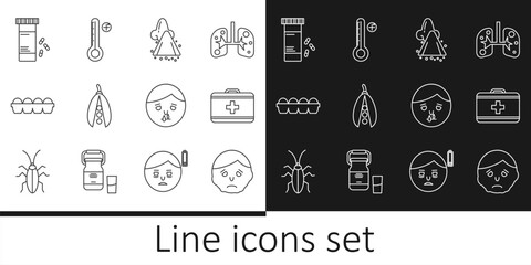 Canvas Print - Set line Inflammation on face, First aid kit, Runny nose, Kidney beans, Chicken egg in box, Medicine bottle and pills, and Medical digital thermometer icon. Vector