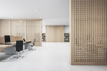 Poster - Contemporary office interior with furniture, equipment and wooden partitions. 3D Rendering.