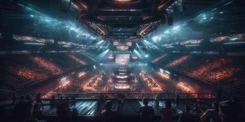Wall Mural - Modern, futuristic eSports arena. Full hall of fans cheering for his favorite team. Players compete on a large stage in front of a massive screen displaying the game. Generative AI