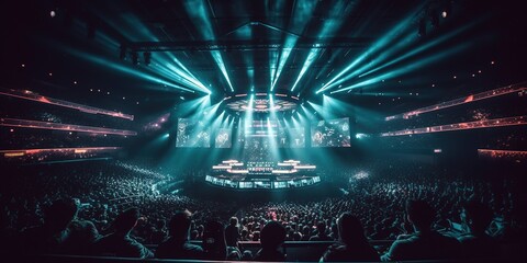 Wall Mural - Modern, futuristic eSports arena. Full hall of fans cheering for his favorite team. Players compete on a large stage in front of a massive screen displaying the game. Generative AI