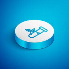 Sticker - Isometric line Laboratory glass and leaves icon isolated on blue background. Chemical test tube with leaf. Eco Lab. White circle button. Vector