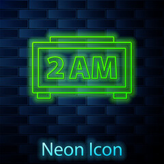 Fototapete - Glowing neon line Digital alarm clock icon isolated on brick wall background. Electronic watch alarm clock. Time icon. Vector