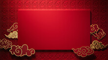 Chinese New Year Design Background, With Rectangle Frame And Clouds On 3D Pattern. Red Asian Template With Copy-space.