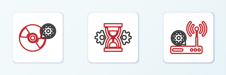 Poster - set line router and wi-fi setting, cd or dvd disk and hourglass icon. vector