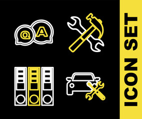 Poster - Set line Crossed hammer and wrench, Car service, Office folders and Question Answer icon. Vector