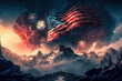 Illustration of flag usa on mountain, fireworks background in clouds for Independence Day. Symbol of America