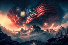 Illustration Of Flag Usa On Mountain, Fireworks Background In Clouds For Independence Day. Symbol Of America