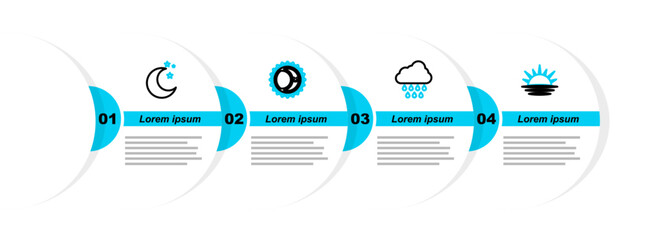 Sticker - Set line Sunset, Cloud with rain, Eclipse of the sun and Moon and stars icon. Vector