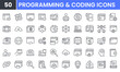 © Gofficon - Coding and Programming vector line icon set. Contains linear outline icons like Web Development, Code, Website, Cloud, App, Data, Software, Algorithm, Api, Build, Program. Editable use and stroke.