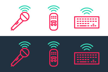 Poster - Set line Wireless keyboard, microphone and Smart remote control icon. Vector