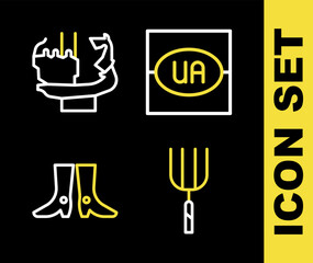 Poster - Set line Flag of Ukraine, Garden pitchfork, Ukrainian footwear and Monument to founders Kiev icon. Vector