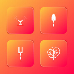 Sticker - Set Automatic irrigation sprinklers, Garden trowel spade or shovel, fork and Tree icon. Vector