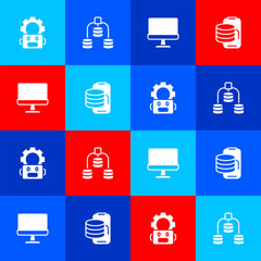Poster - Set Robot setting, Server, Data, Computer monitor and Cloud technology data transfer icon. Vector