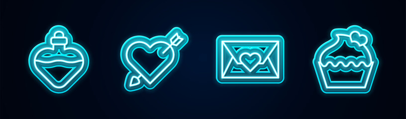 Sticker - Set line Bottle with love potion, Amour heart and arrow, Envelope Valentine and Wedding cake. Glowing neon icon. Vector