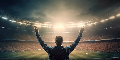 Back view of fan celebrating victory in soccer stadium. Football, soccer fan support their team and celebrate goal, scorer, victory. Generative AI